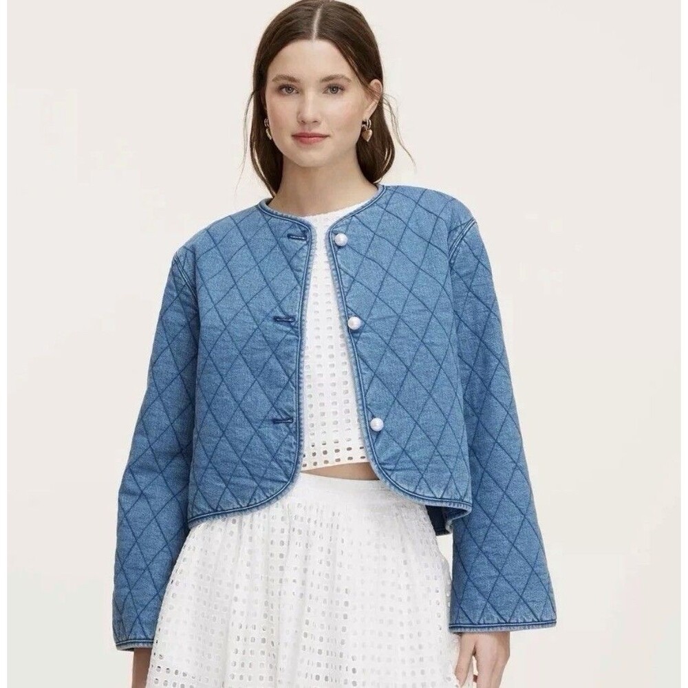 NWT Kate Spade x Target Blue Quilted Denim Jean Jacket Pearl Button NEW Medium